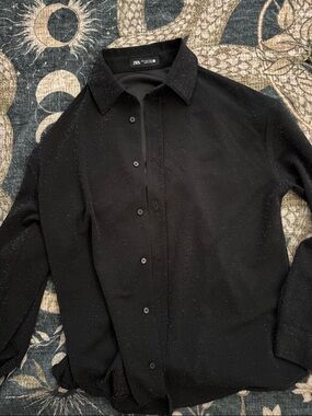 Zara Black Button-Down Shirt with Silver Sparkle